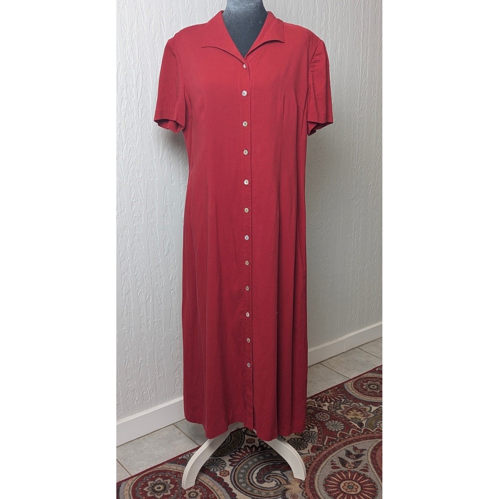 Talbots VTG Petites Red Button Down Maxi Dress Short Sleeve USA Size 14P